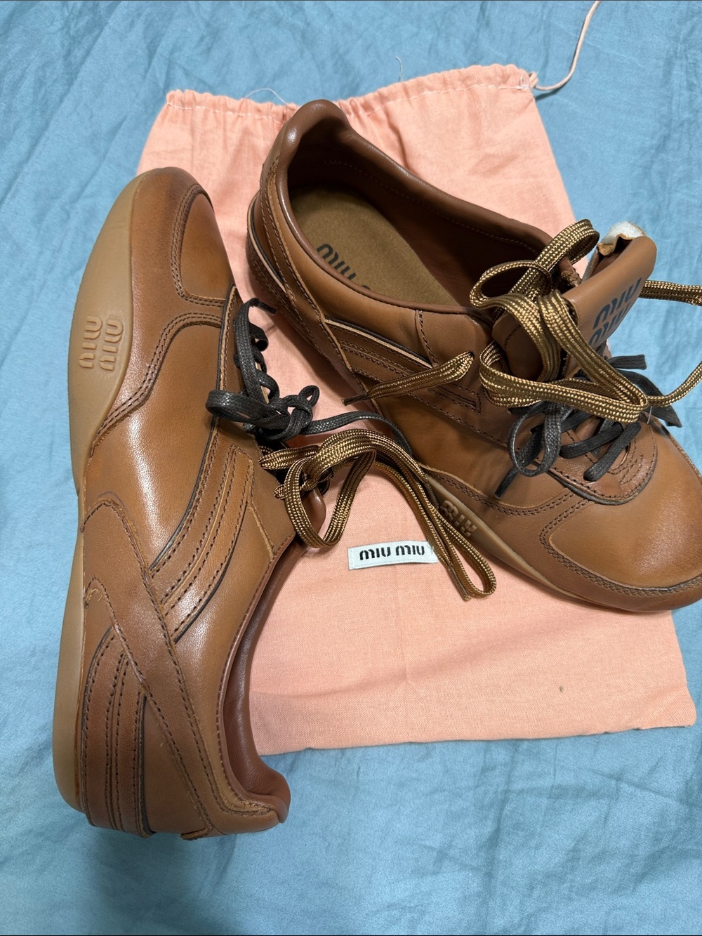 Miu Miu Brown Leather Women's Low-Top Sneakers - Picture 2 of 5